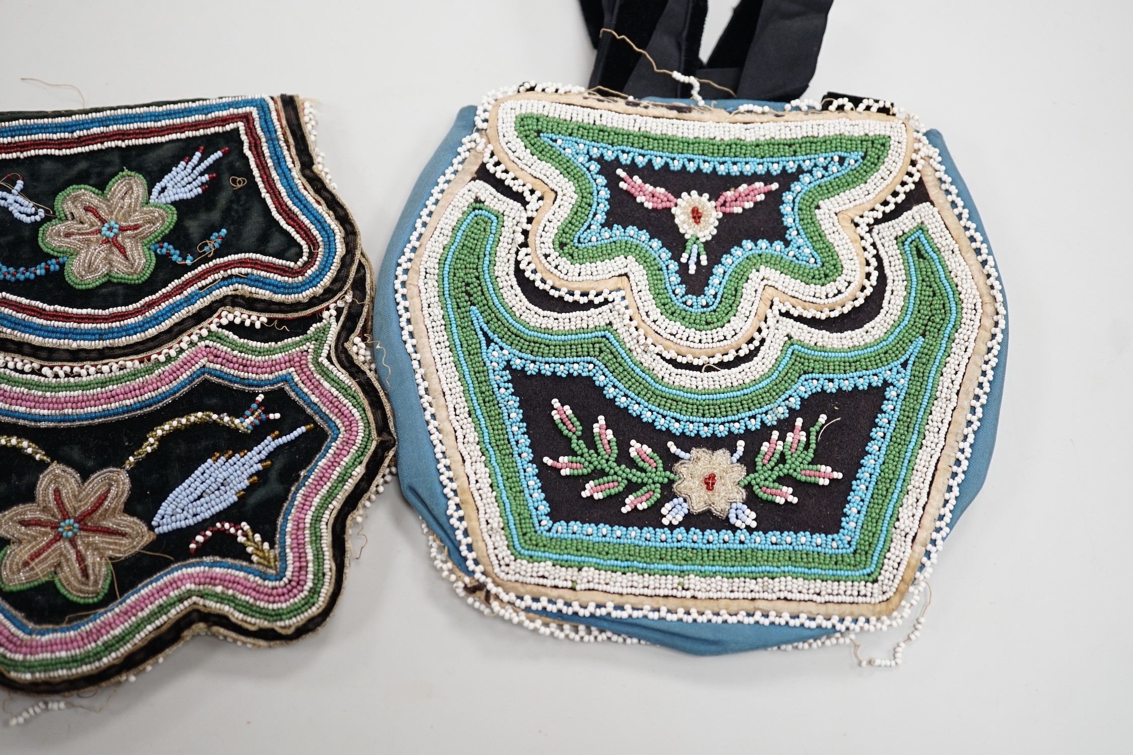 Three mid to late 19th century, Haudenosaunee (Iroquois) Grand River Reserve, native North American/Canadian fine glass beadwork and silk bags